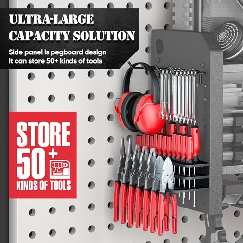 Power Tool Organizer Wall Mount, 8 Drill Organizer Wall Mount with 2 Side Pegboards, 12 Hooks, 3 Layer Storage Rack for Garage Organization, Utility Cordless Drill Holder - Black