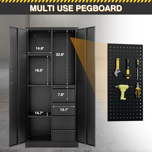 Fesbos Metal Storage Cabinet-Heavy Duty Tool Cabinet Multifunctional Steel Cabinet with Shelves&Drawers, Pegboard for Garage Home Office - Black