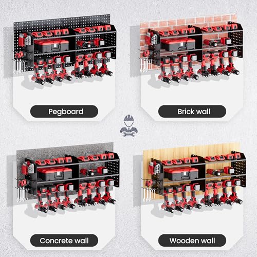 TRZZ 2-IN-1 Power Tool Organizer Wall Mount, 3-Layer Drill Holder with 2 Side Pegboards, 8 Drill holders, 4 Hooks, 1 Side Drill Bit Rack, Drill Hanger for Workshop, Garage, Tool Room, Black