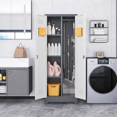 SAFEFEVER 65" H Broom Closet, Broom Closet Storage Cabinet with Adjustable Shelves, Utility Closet with Pegboard and Hanging Rod, Utility Cabinet for Brooms and Mops, Broom Cabinet, Grey-White