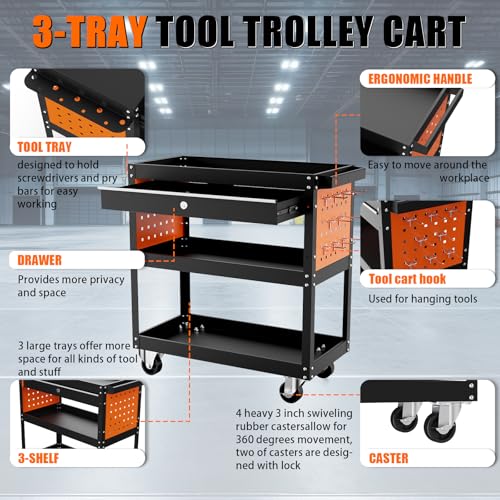 JYHNHYJ Tool Cart, 3 Tier Rolling Tool Cart Heavy Duty Tool Cart on Wheels with Pegboard Hooks and Lockable Drawer for Mechanics, Garage, Warehouse & Repair Shop, 420 LBS Capacity
