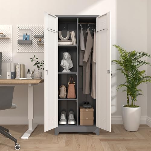 SAFEFEVER 65" H Broom Closet, Broom Closet Storage Cabinet with Adjustable Shelves, Utility Closet with Pegboard and Hanging Rod, Utility Cabinet for Brooms and Mops, Broom Cabinet, Grey-White