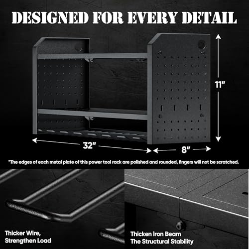 Power Tool Organizer Wall Mount, 8 Drill Organizer Wall Mount with 2 Side Pegboards, 12 Hooks, 3 Layer Storage Rack for Garage Organization, Utility Cordless Drill Holder - Black
