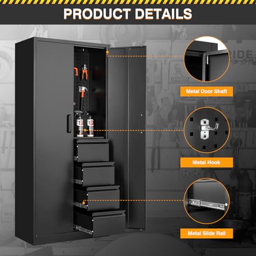 Fesbos Metal Storage Cabinet-Heavy Duty Tool Cabinet Multifunctional Steel Cabinet with Shelves&Drawers, Pegboard for Garage Home Office - Black
