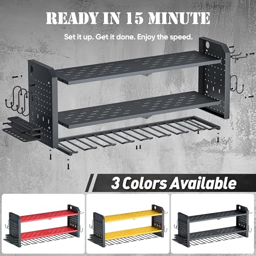 Power Tool Organizer Wall Mount, 8 Drill Organizer Wall Mount with 2 Side Pegboards, 12 Hooks, 3 Layer Storage Rack for Garage Organization, Utility Cordless Drill Holder - Black
