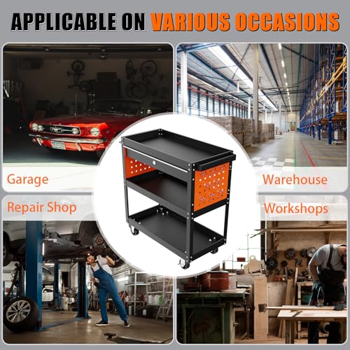 JYHNHYJ Tool Cart, 3 Tier Rolling Tool Cart Heavy Duty Tool Cart on Wheels with Pegboard Hooks and Lockable Drawer for Mechanics, Garage, Warehouse & Repair Shop, 420 LBS Capacity