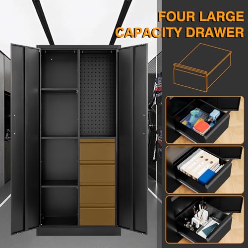 Fesbos Metal Storage Cabinet-Heavy Duty Tool Cabinet Multifunctional Steel Cabinet with Shelves&Drawers, Pegboard for Garage Home Office - Black