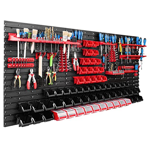 172 x 78 cm Wall Mounted Storage System for Workshop and Garage with 62 Stackable Boxes and Tool Holders - Heavy Duty Pegboard