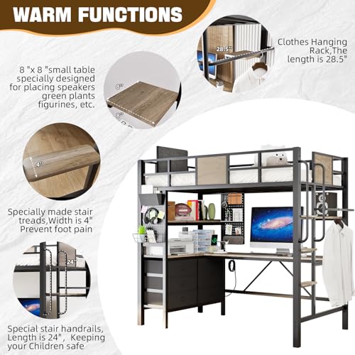 BUSYAEH Bunk Bed with Desk Loft Bed with L-Shaped Desk Underneath with RGB LED Lights, and Charging Station,Loft Bed with Drawer Cabinets and Pegboards Twin Size (Vintage Oak Gray)