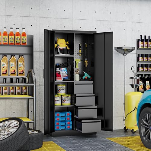 Fesbos Metal Storage Cabinet-Heavy Duty Tool Cabinet Multifunctional Steel Cabinet with Shelves&Drawers, Pegboard for Garage Home Office - Black