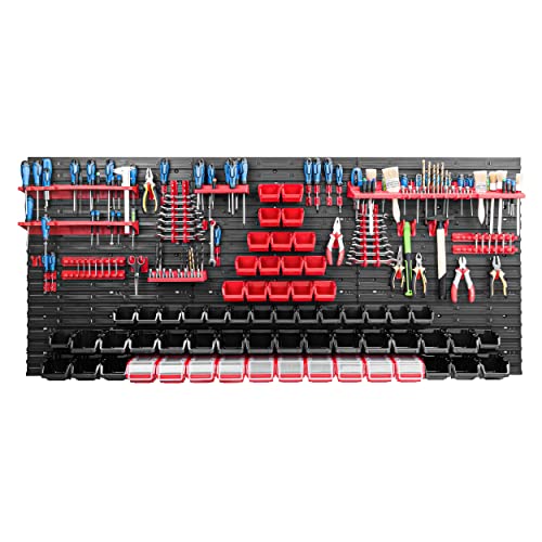 172 x 78 cm Wall Mounted Storage System for Workshop and Garage with 62 Stackable Boxes and Tool Holders - Heavy Duty Pegboard