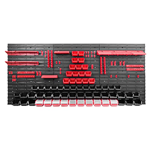 172 x 78 cm Wall Mounted Storage System for Workshop and Garage with 62 Stackable Boxes and Tool Holders - Heavy Duty Pegboard