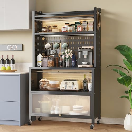 COVAODQ Kitchen Baker's Rack with Flip Door Cabinet, 5-Tier Microwave Stand with Pegboard Accessories for Garage Pantry Home Kitchen