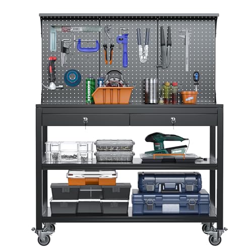 SUXXAN Metal Workbench with Pegboard and Shelf, Mobile Garage Workbench with 2 Tool Drawer Lockable, Steel Heavy Duty Workbench 2000lbs Max Weight Capacity Bench Top Size 48x23,35 Hooks