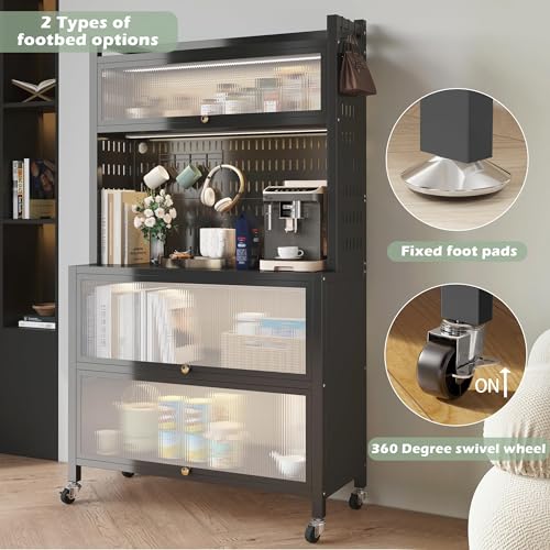 COVAODQ Kitchen Baker's Rack with Flip Door Cabinet, 5-Tier Microwave Stand with Pegboard Accessories for Garage Pantry Home Kitchen
