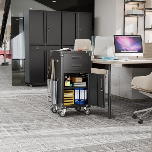 GLADIW Metal Storage Cabinet, Garage Storage Cabinet with 1 Locking Door and 2 Drawers, Heavy Duty Rolling Cabinet Workbench Table with Wheels and Pegboards for Garage, Office and Tool Room