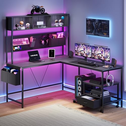 Dowinx L Shaped Desk with Pegboard and Removable Filing Cabinet, Reversible 67” Computer Gaming Desk with Power Outlet and Led, Office Corner Desk with Storage for Home Game, Grey