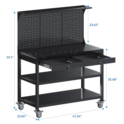 SUXXAN Metal Workbench with Pegboard and Shelf, Mobile Garage Workbench with 2 Tool Drawer Lockable, Steel Heavy Duty Workbench 2000lbs Max Weight Capacity Bench Top Size 48x23,35 Hooks