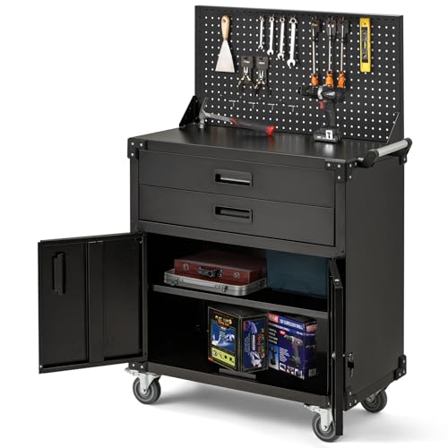 JFHID Rolling Tool Chest with Wheels 2 Drawers, Movable Storage Tool Cabinets with Pegboard Full Metal Frame Locking System Tool Cart for Warehouse, Workshop,Garage,Office,Kitchen 35.2 Inch Black