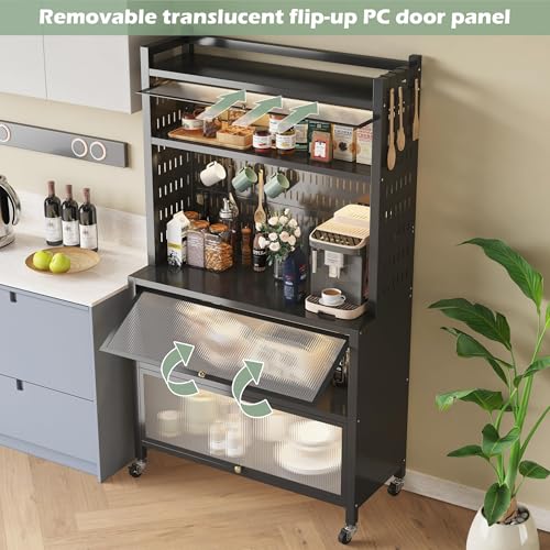 COVAODQ Kitchen Baker's Rack with Flip Door Cabinet, 5-Tier Microwave Stand with Pegboard Accessories for Garage Pantry Home Kitchen