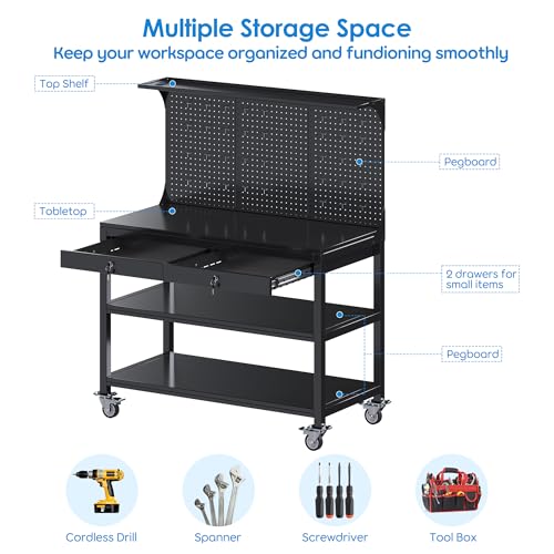 SUXXAN Metal Workbench with Pegboard and Shelf, Mobile Garage Workbench with 2 Tool Drawer Lockable, Steel Heavy Duty Workbench 2000lbs Max Weight Capacity Bench Top Size 48x23,35 Hooks