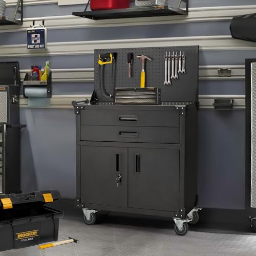 JFHID Rolling Tool Chest with Wheels 2 Drawers, Movable Storage Tool Cabinets with Pegboard Full Metal Frame Locking System Tool Cart for Warehouse, Workshop,Garage,Office,Kitchen 35.2 Inch Black