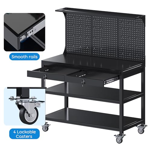 SUXXAN Metal Workbench with Pegboard and Shelf, Mobile Garage Workbench with 2 Tool Drawer Lockable, Steel Heavy Duty Workbench 2000lbs Max Weight Capacity Bench Top Size 48x23,35 Hooks