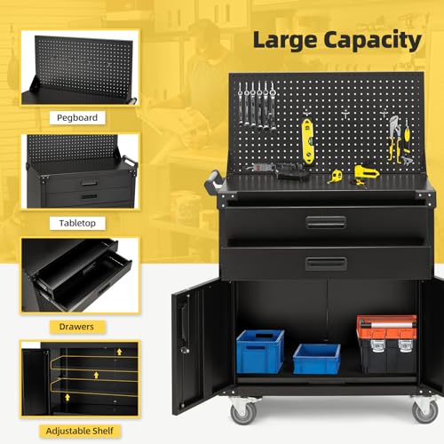JFHID Rolling Tool Chest with Wheels 2 Drawers, Movable Storage Tool Cabinets with Pegboard Full Metal Frame Locking System Tool Cart for Warehouse, Workshop,Garage,Office,Kitchen 35.2 Inch Black