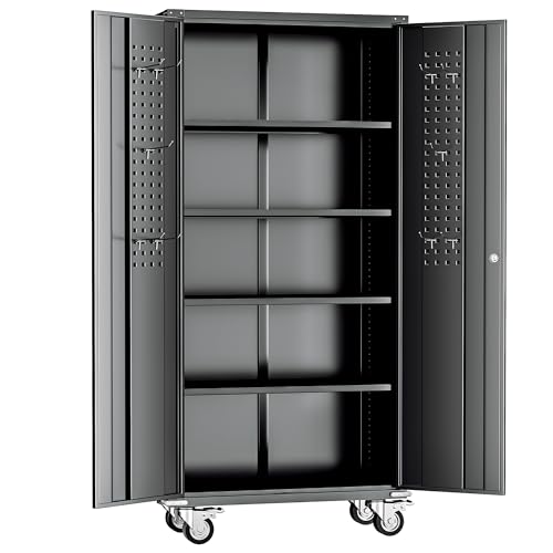Pataku Locking Cabinet with Wheel and Pegboard, 72”Metal Garage Storage Cabinets with Doors and Shelves, Black Rolling Tool Metal Storage Cabinets for Garage, Home, Office, School