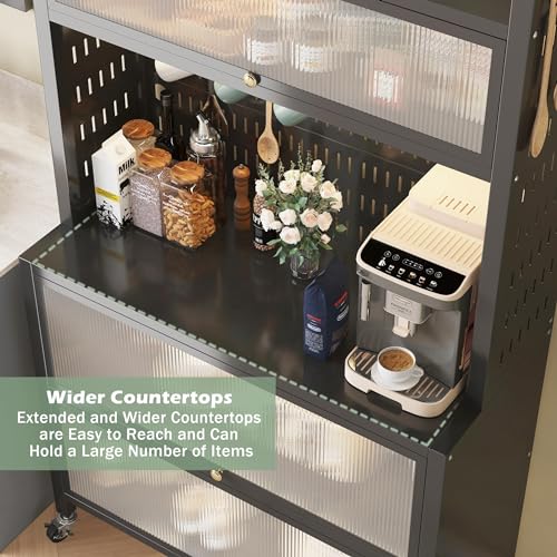 COVAODQ Kitchen Baker's Rack with Flip Door Cabinet, 5-Tier Microwave Stand with Pegboard Accessories for Garage Pantry Home Kitchen