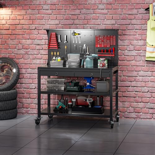 SUXXAN Metal Workbench with Pegboard and Shelf, Mobile Garage Workbench with 2 Tool Drawer Lockable, Steel Heavy Duty Workbench 2000lbs Max Weight Capacity Bench Top Size 48x23,35 Hooks