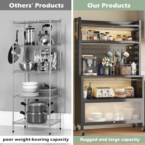 COVAODQ Kitchen Baker's Rack with Flip Door Cabinet, 5-Tier Microwave Stand with Pegboard Accessories for Garage Pantry Home Kitchen