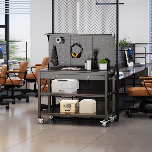 SUXXAN Metal Workbench with Pegboard and Shelf, Mobile Garage Workbench with 2 Tool Drawer Lockable, Steel Heavy Duty Workbench 2000lbs Max Weight Capacity Bench Top Size 48x23,35 Hooks