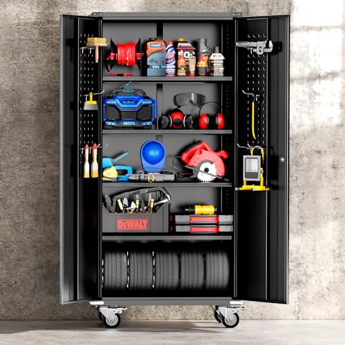 Pataku Locking Cabinet with Wheel and Pegboard, 72”Metal Garage Storage Cabinets with Doors and Shelves, Black Rolling Tool Metal Storage Cabinets for Garage, Home, Office, School