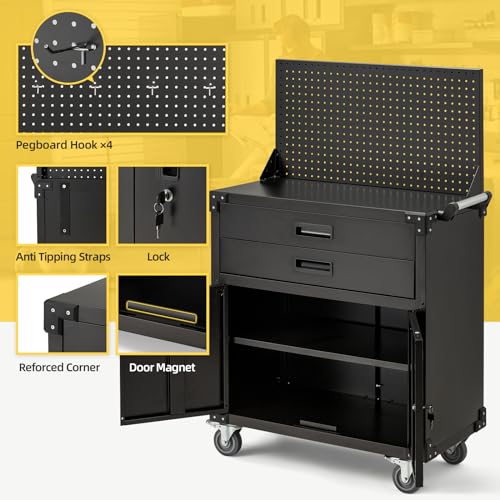 JFHID Rolling Tool Chest with Wheels 2 Drawers, Movable Storage Tool Cabinets with Pegboard Full Metal Frame Locking System Tool Cart for Warehouse, Workshop,Garage,Office,Kitchen 35.2 Inch Black
