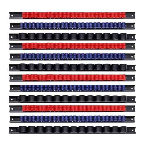 Reniteco 12 PCS Screwdriver Wrench Plier Organizers Wall Mount Pegboard Hand Tool Holders Plastic Rail Hanger Clips With 24 PCS Yellow Screws (Red Blue Black)