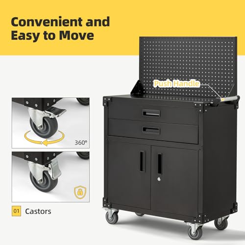 JFHID Rolling Tool Chest with Wheels 2 Drawers, Movable Storage Tool Cabinets with Pegboard Full Metal Frame Locking System Tool Cart for Warehouse, Workshop,Garage,Office,Kitchen 35.2 Inch Black