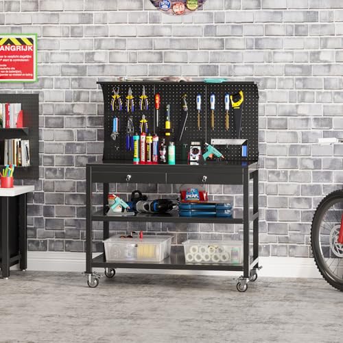 SUXXAN Metal Workbench with Pegboard and Shelf, Mobile Garage Workbench with 2 Tool Drawer Lockable, Steel Heavy Duty Workbench 2000lbs Max Weight Capacity Bench Top Size 48x23,35 Hooks