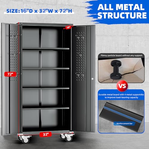 Pataku Locking Cabinet with Wheel and Pegboard, 72”Metal Garage Storage Cabinets with Doors and Shelves, Black Rolling Tool Metal Storage Cabinets for Garage, Home, Office, School