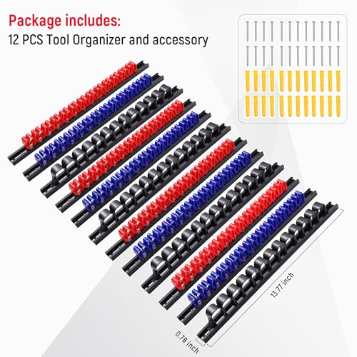 Reniteco 12 PCS Screwdriver Wrench Plier Organizers Wall Mount Pegboard Hand Tool Holders Plastic Rail Hanger Clips With 24 PCS Yellow Screws (Red Blue Black)