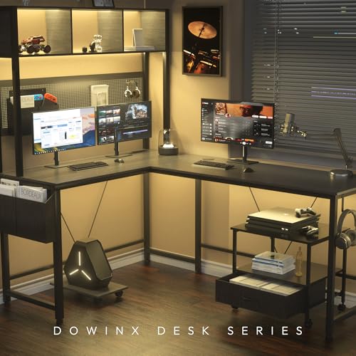 Dowinx L Shaped Desk with Pegboard and Removable Filing Cabinet, Reversible 67” Computer Gaming Desk with Power Outlet and Led, Office Corner Desk with Storage for Home Game, Grey