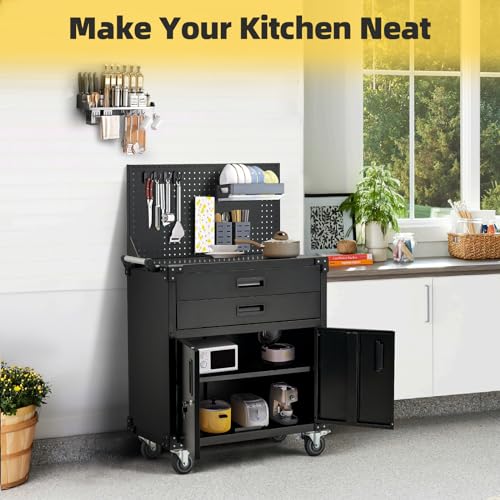 JFHID Rolling Tool Chest with Wheels 2 Drawers, Movable Storage Tool Cabinets with Pegboard Full Metal Frame Locking System Tool Cart for Warehouse, Workshop,Garage,Office,Kitchen 35.2 Inch Black