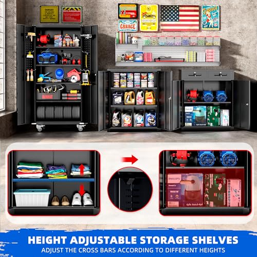 Pataku Locking Cabinet with Wheel and Pegboard, 72”Metal Garage Storage Cabinets with Doors and Shelves, Black Rolling Tool Metal Storage Cabinets for Garage, Home, Office, School