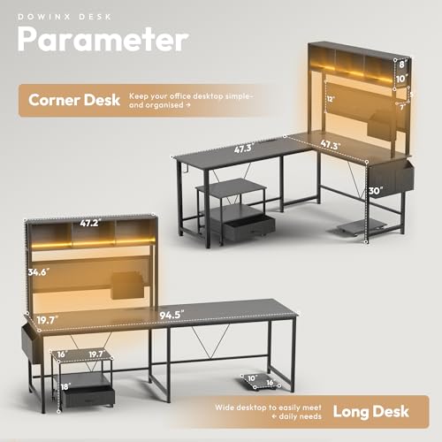 Dowinx L Shaped Desk with Pegboard and Removable Filing Cabinet, Reversible 67” Computer Gaming Desk with Power Outlet and Led, Office Corner Desk with Storage for Home Game, Grey