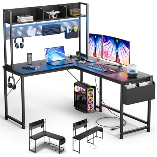 DOMICON Gaming Desk Computer Desk with Storage, L Shaped Desk with Power Outlet & LED Strip, Office Desk with Pegboard, Corner Deck for Home Office Black