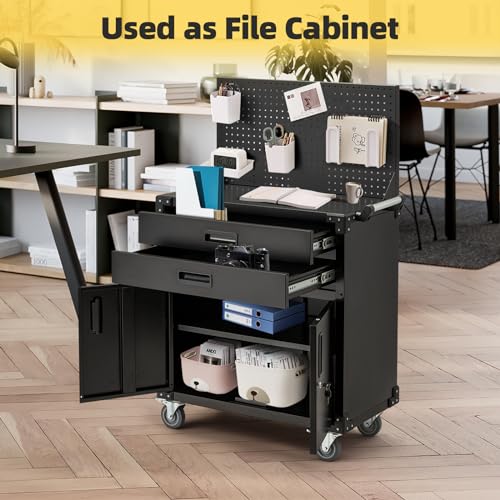 JFHID Rolling Tool Chest with Wheels 2 Drawers, Movable Storage Tool Cabinets with Pegboard Full Metal Frame Locking System Tool Cart for Warehouse, Workshop,Garage,Office,Kitchen 35.2 Inch Black