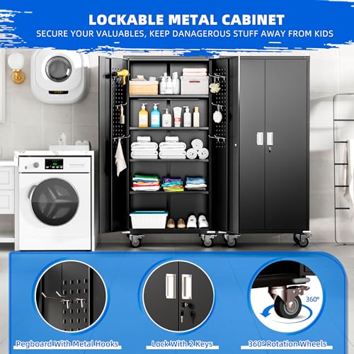 Pataku Locking Cabinet with Wheel and Pegboard, 72”Metal Garage Storage Cabinets with Doors and Shelves, Black Rolling Tool Metal Storage Cabinets for Garage, Home, Office, School