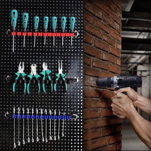 Reniteco 12 PCS Screwdriver Wrench Plier Organizers Wall Mount Pegboard Hand Tool Holders Plastic Rail Hanger Clips With 24 PCS Yellow Screws (Red Blue Black)