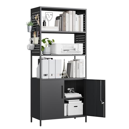 MIIIKO Bookcase 5 Tier Shelf, 71" Tall Display Bookshelf Stand Rack Shelf with Pegboard, Home Office Bookcase with Display Shelf
