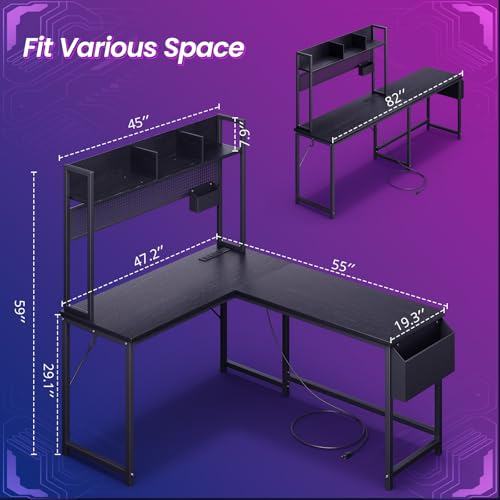 DOMICON Gaming Desk Computer Desk with Storage, L Shaped Desk with Power Outlet & LED Strip, Office Desk with Pegboard, Corner Deck for Home Office Black